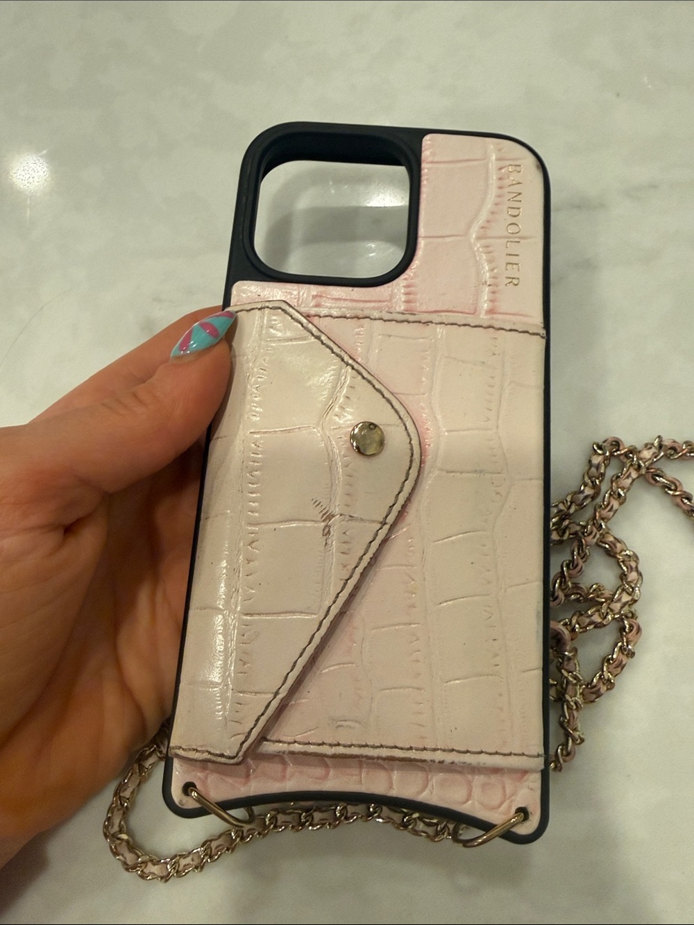 Bandolier iPhone 16 Pro Max Case in pink snake skin with Gold Chain - Picture 6 of 10